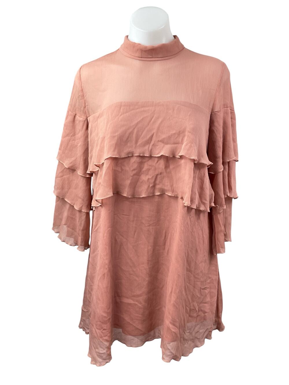 Pink Owl Women's Coral Tiered Ruffle Mock Neck Long Sleeve Mini Shift Dress Sz S